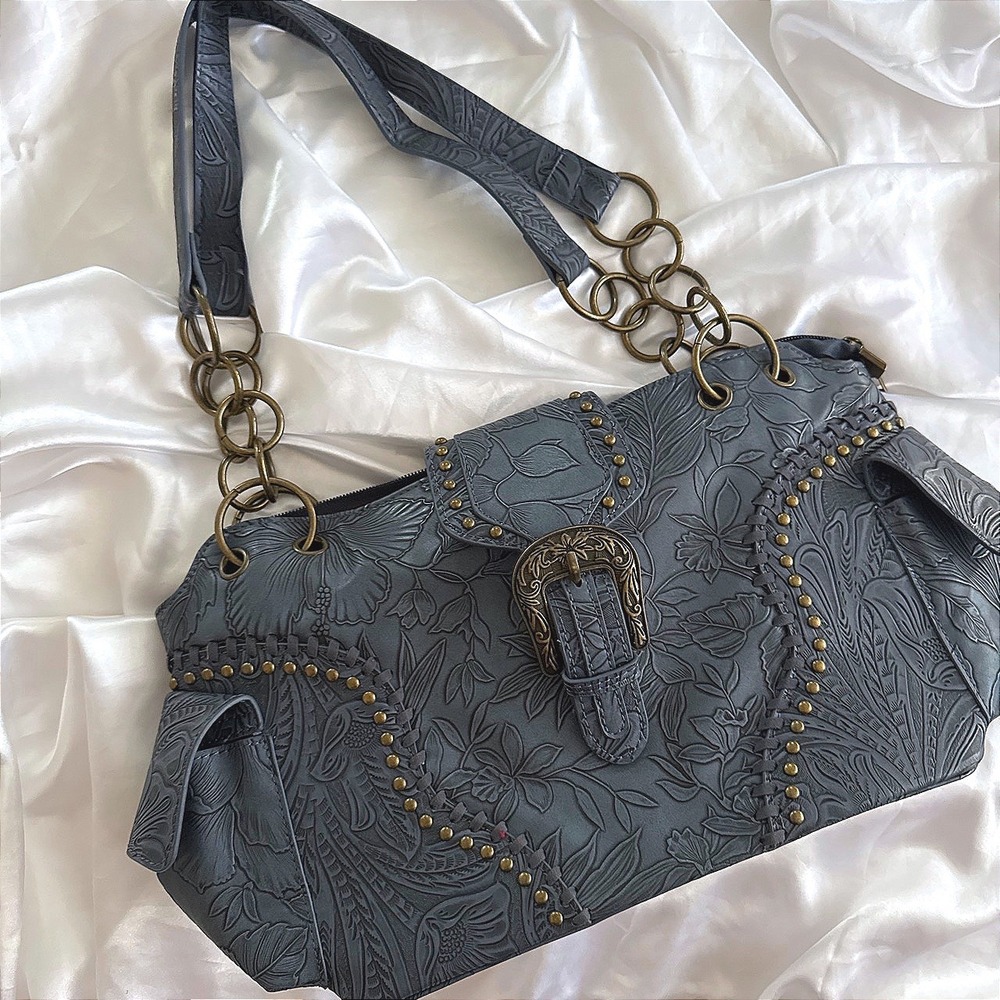 Western Floral Embossed Shoulder Bag Blue Studded Buckle Boho Satchel